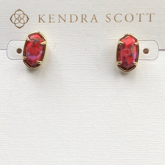 Kendra Scott Grayson Bronze Veined Red Fuchsia Magnesite Stud Earrings NWT - Picture 9 of 14